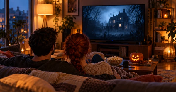 Un couple regarde une télévision dans un salon éclairé par une lampe, avec du popcorn et une petite citrouille.