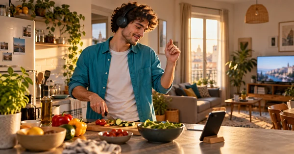 Un homme écoute de la musique au casque près de son téléphone dans sa cuisine.