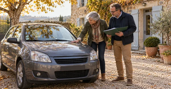 Un couple d’âge mûr regarde une voiture d’occasion dans une petite cour, avec un dossier de financement vert.