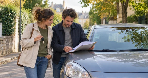 Un couple examine le budget d’une voiture compacte, avec des documents et une clé de voiture.