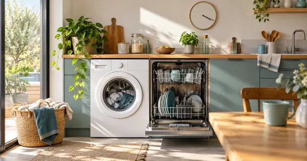 Lave-linge et programmateur dans une buanderie éclairée en journée ; illustration.