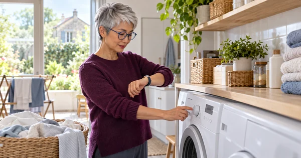 Une femme aux cheveux gris courts et aux lunettes bleues règle le départ différé d’un lave-linge en regardant sa montre.