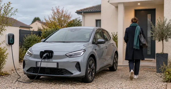 Voiture électrique compacte branchée devant un logement, sans personne identifiable ; illustration.