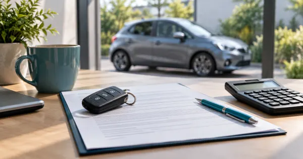 Clés et dossier de location automobile près d’une voiture dans un garage ; illustration.