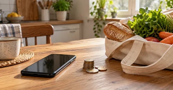 téléphone, pièces et courses du quotidien sur une table.
