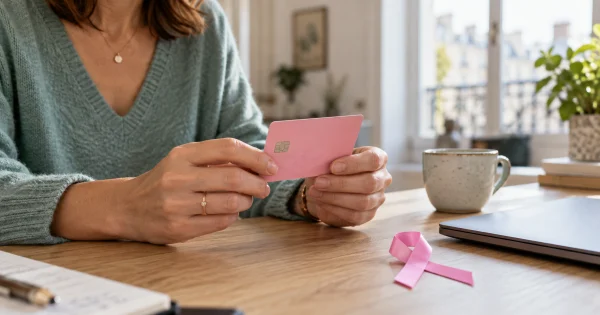Des mains tiennent une carte bancaire rose près d’un ruban rose, sur un bureau.