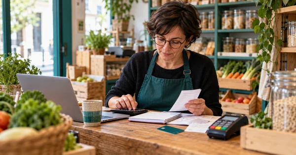Une commerçante examine ses dépenses professionnelles au comptoir de son épicerie.