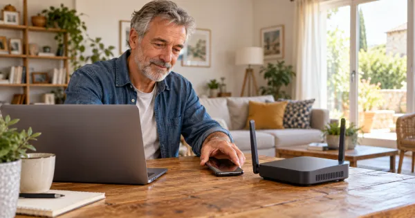 Illustration générée : smartphone et routeur génériques sur un bureau, sans représentation d’une Livebox.