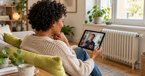 Une femme échange sur une tablette près d’un radiateur pour obtenir des conseils à distance.