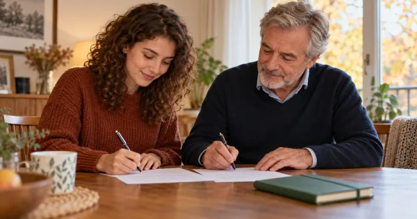 Deux proches rédigent un accord autour d’une table, avec un carnet vert et un stylo.