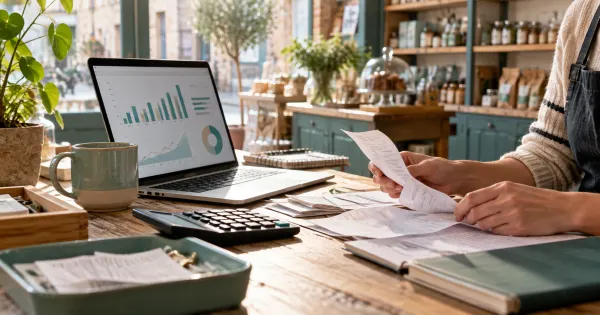 Documents comptables, ordinateur et calculatrice sur le comptoir d’un commerce ; illustration.