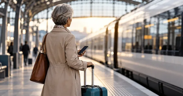 Une voyageuse avec une valise turquoise attend un train européen sur un quai.