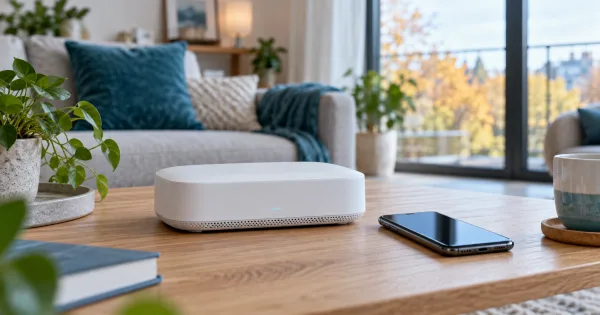 Une box internet blanche et un téléphone sur une table de salon, sans marque visible.