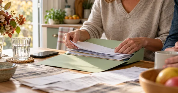 Un dossier de factures ordonné sur une table et deux mains réunissant les documents, avec une chemise verte.