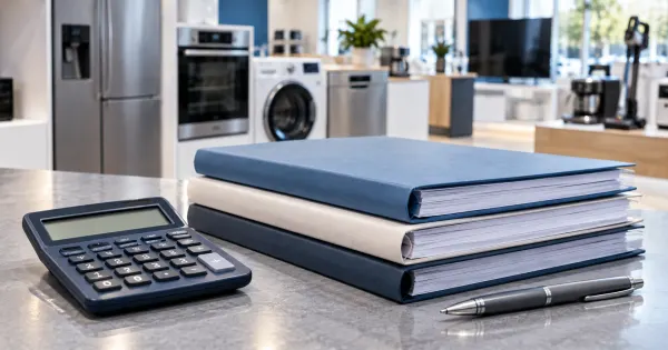 Calculatrice et dossiers de financement d’achats courants dans un environnement de magasin ; illustration.