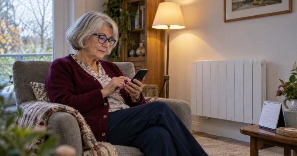 Une femme aux cheveux gris consulte son téléphone dans son salon près d’un radiateur.