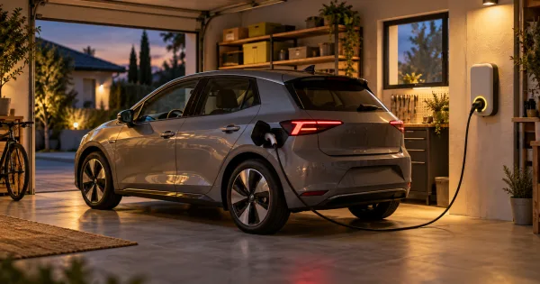 Une voiture électrique sans marque branchée sur une borne domestique dans un garage.