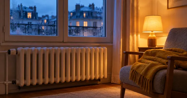 Fauteuil vide, couverture et radiateur près d’une fenêtre au crépuscule ; illustration.