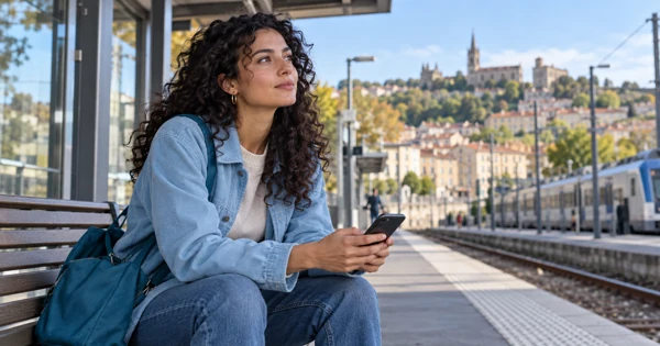 Une jeune femme utilise un smartphone sur un quai, avec une ville en arrière-plan.